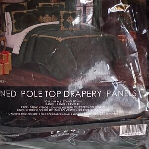 Embroidered Pole Top Drapery Panels - Dark Green with Gold Trim
